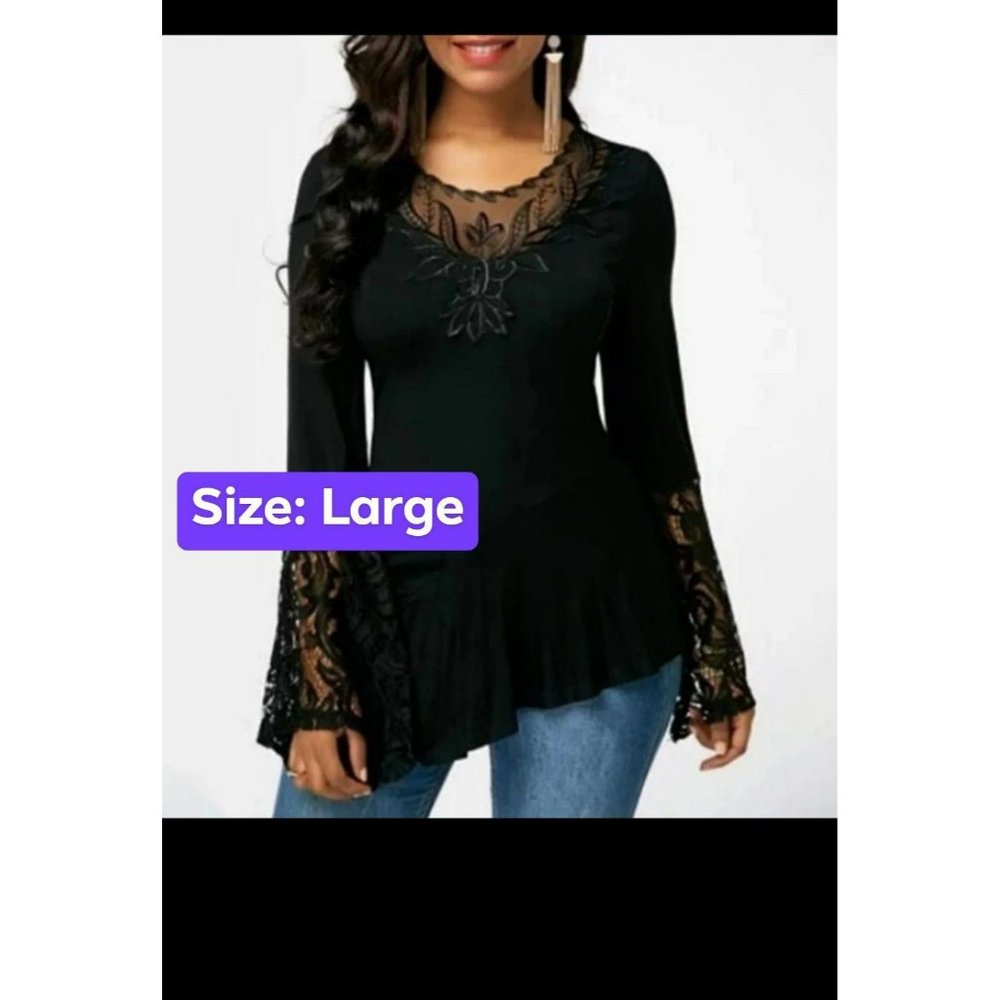 Black Lace Blouse with Flare Sleeves Size L